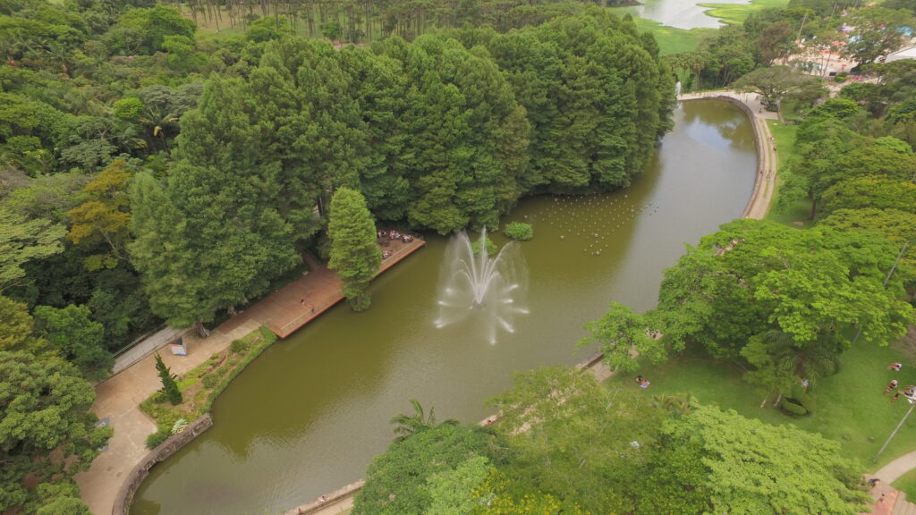 Imagem aérea apresenta o lago do Sesc Interlagos ao centro e árvores diversas em seu perímetro.