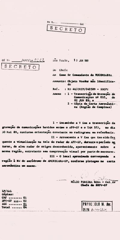 Documento secreto do dia 13 de junho de 1989, referente a um objeto voador não identificado, endereçado ao Comandante do NUCOMDABRA. O documento menciona uma transcrição de gravação de comunicações e uma cópia da carta aeronáutica da região de Campinas, detalhando a visualização de um alvo desconhecido no radar e a localização aproximada na região de Americana-SP.