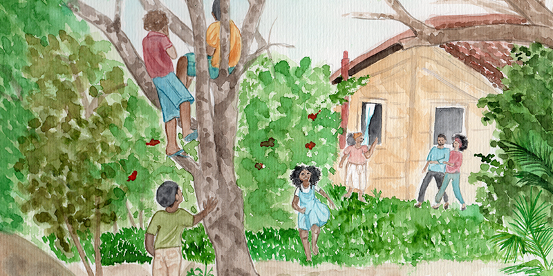 Amanda Nainá dos Santos | Título: Crianças árvore | 2022 | Aquarela sobre papel
Ilustração para o livro "Na companhia de Dona
Fartura, uma história sobre cultura alimentar
quilombola"