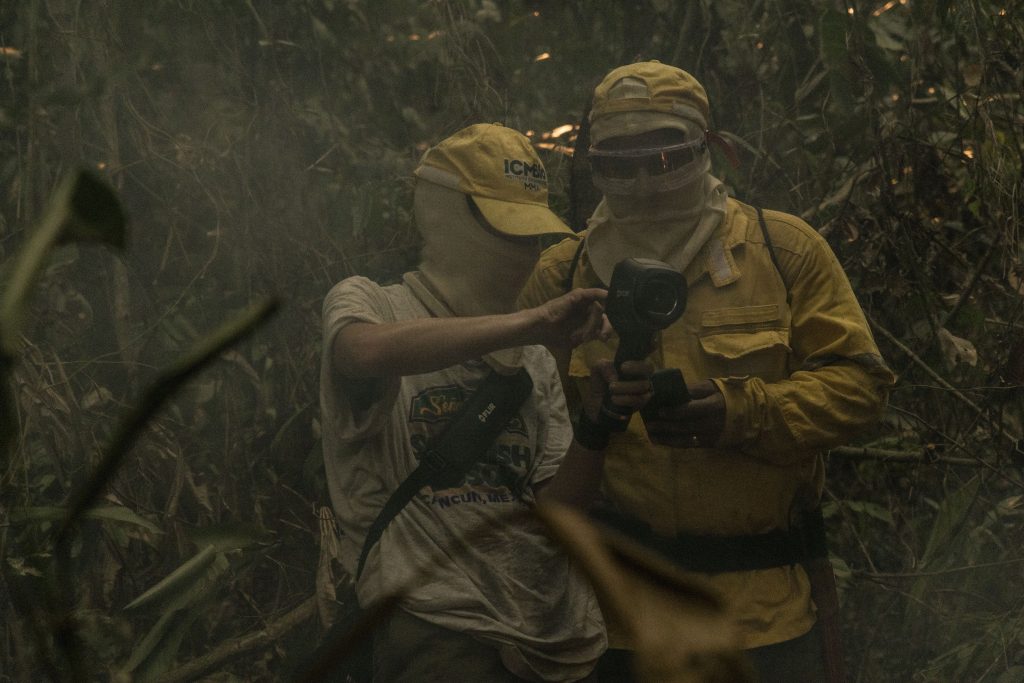 Duas pessoas com balaclavas, óculos e bonés olham para um equipamento. Ambos estão em meio à floresta e cercados por fumaça. 