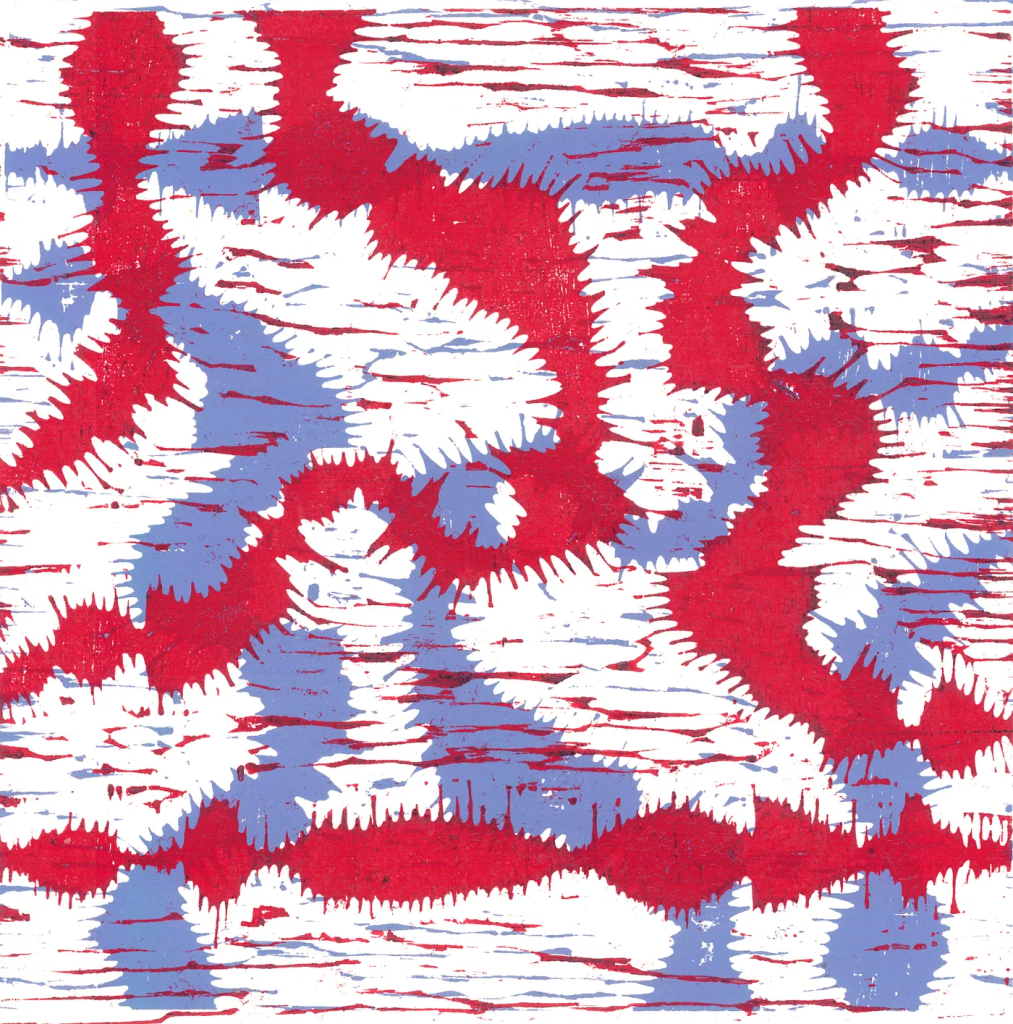 Ilustração abstrata traz uma mescla de desenhos que emulam frequências de ondas nas cores lilás e vermelha em larguras diferentes. A arte é de Fernando Mariano.